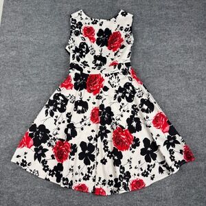 ACEVOG Fit & Flare Dress Womens M White Red Floral Rockabilly Whimsigoth Retro